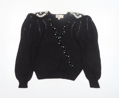 Magnolia Women's Black Beaded V-Neck Vintage Pullover Jumper M