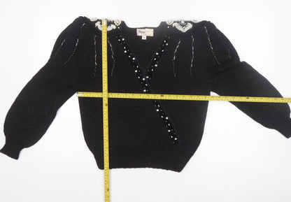 Magnolia Women's Black Beaded V-Neck Vintage Pullover Jumper M