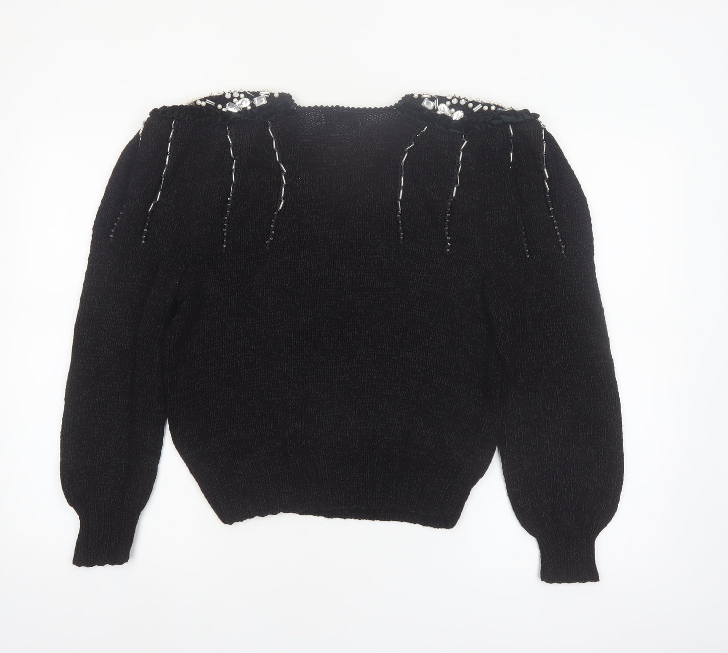 Magnolia Women's Black Beaded V-Neck Vintage Pullover Jumper M