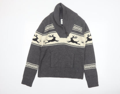 Bluenotes Men Grey Fair Isle Reindeer Shawl Neck Jumper XL