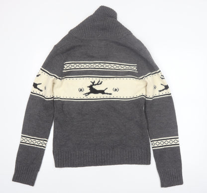 Bluenotes Men Grey Fair Isle Reindeer Shawl Neck Jumper XL