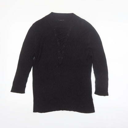 Nygard Women's Black Medium Knit Lace-Up V-Neck Long Sleeve Jumper