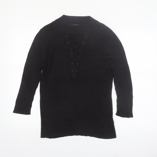 Nygard Women's Black Medium Knit Lace-Up V-Neck Long Sleeve Jumper