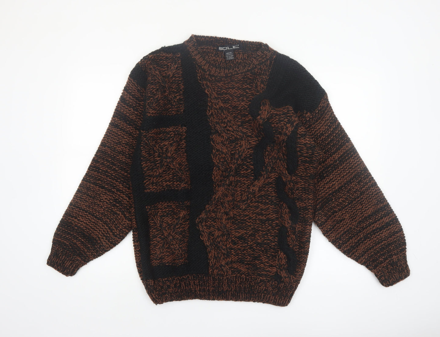 Sole Men's Brown Black Chunky Knit Acrylic Jumper Medium Vintage