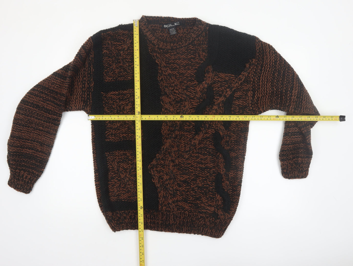 Sole Men's Brown Black Chunky Knit Acrylic Jumper Medium Vintage
