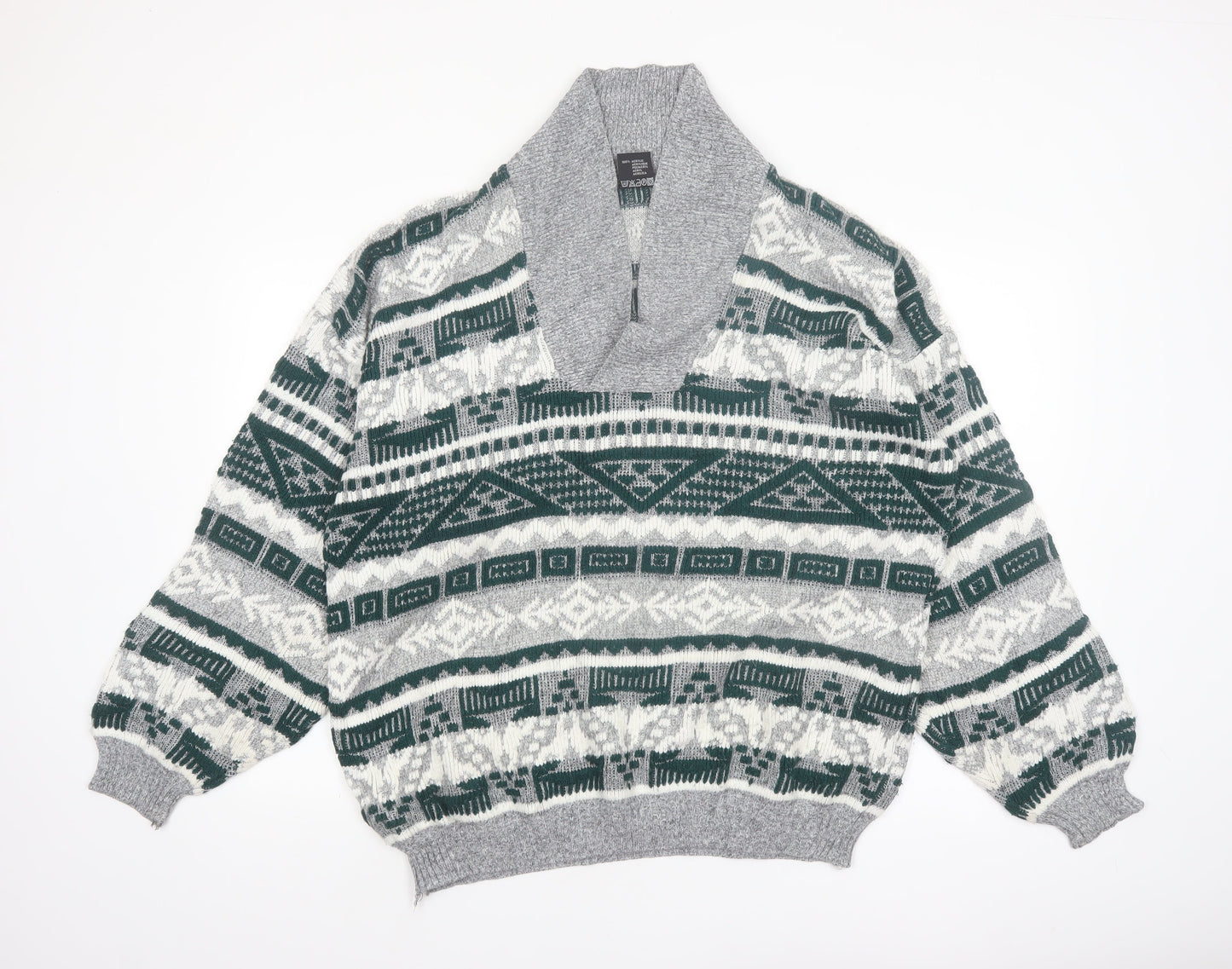 C&A Men’s Grey Geometric Knit Shawl Pullover Jumper XL Vintage