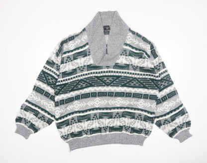 C&A Men’s Grey Geometric Knit Shawl Pullover Jumper XL Vintage