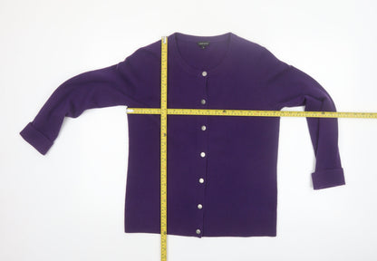 Jaeger Women Purple Wool Cashmere Cardigan M Crew Neck Jumper