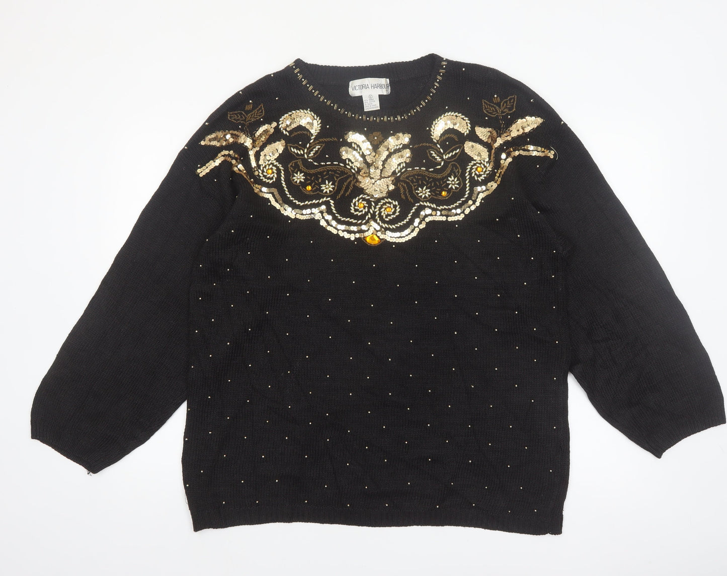 Victoria Harbour Women’s Black Sequin Embroidered Jumper L Classic Retro