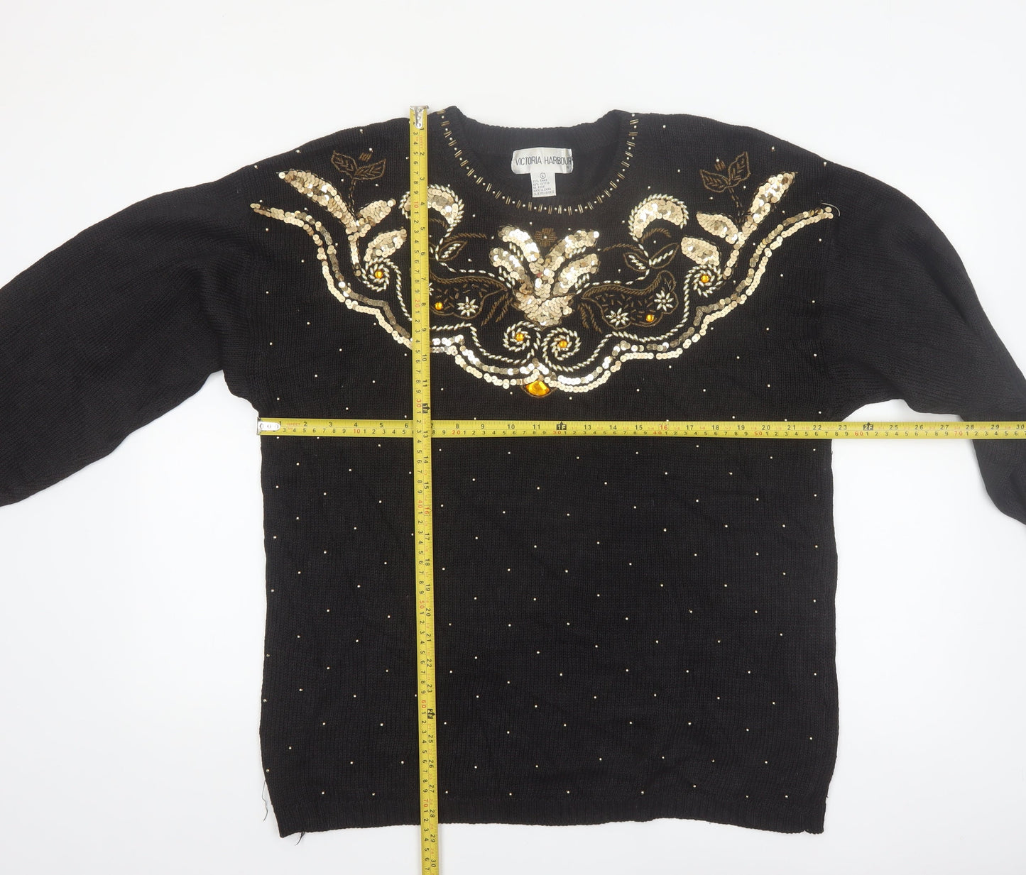 Victoria Harbour Women’s Black Sequin Embroidered Jumper L Classic Retro
