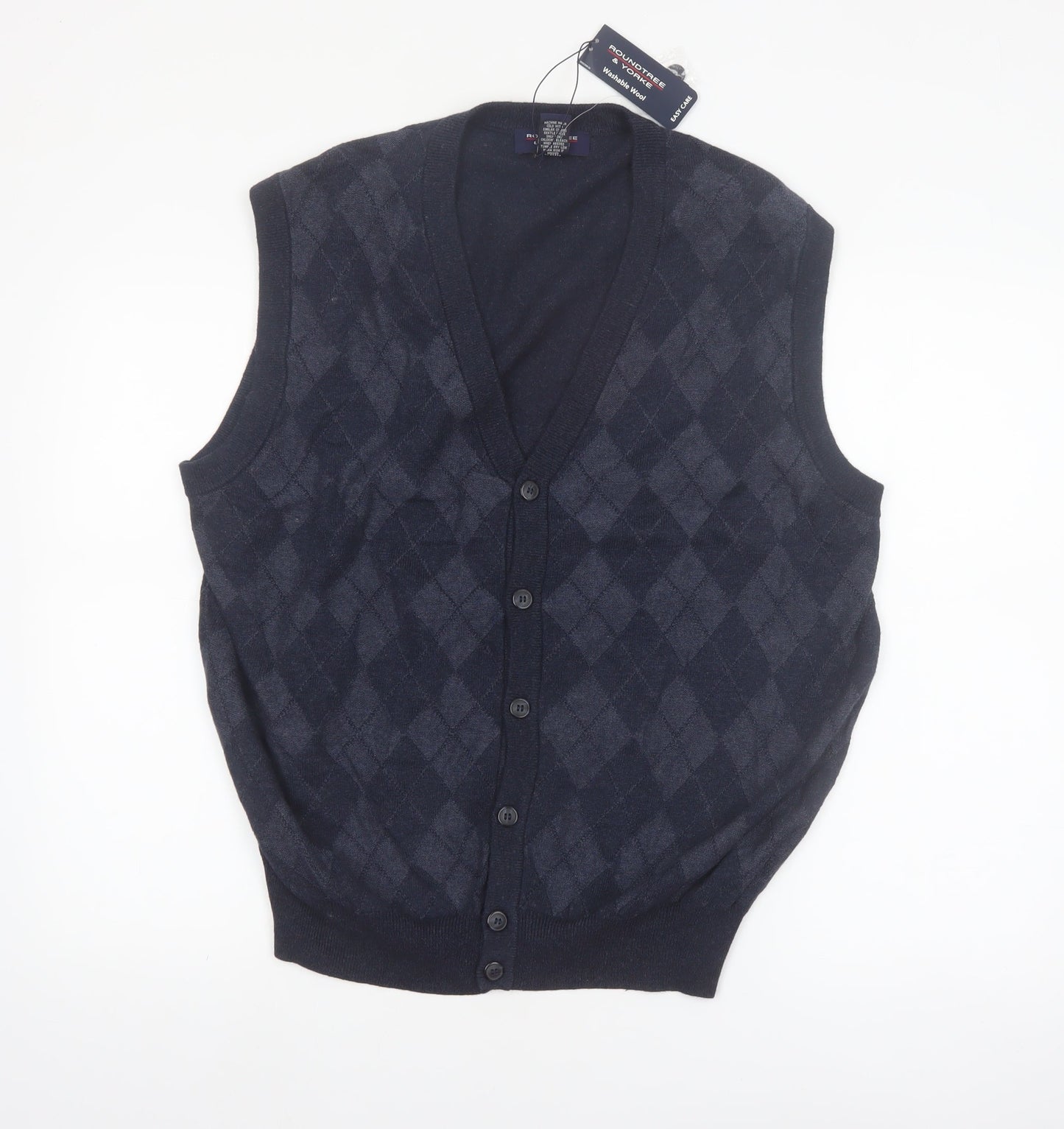Roundtree & Yorke Men's Blue Argyle Sleeveless Cardigan Vest L