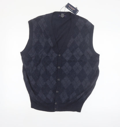 Roundtree & Yorke Men's Blue Argyle Sleeveless Cardigan Vest L