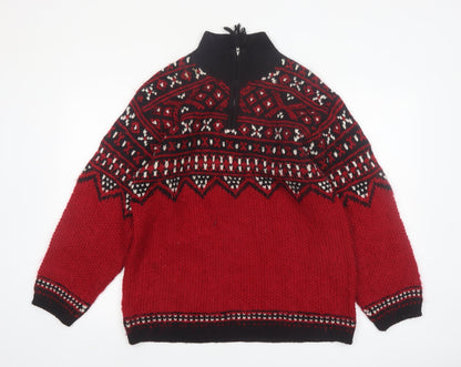Jones New York Women Red Fair Isle Wool Blend 1/4 Zip Petite Jumper M