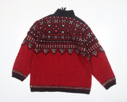 Jones New York Women Red Fair Isle Wool Blend 1/4 Zip Petite Jumper M