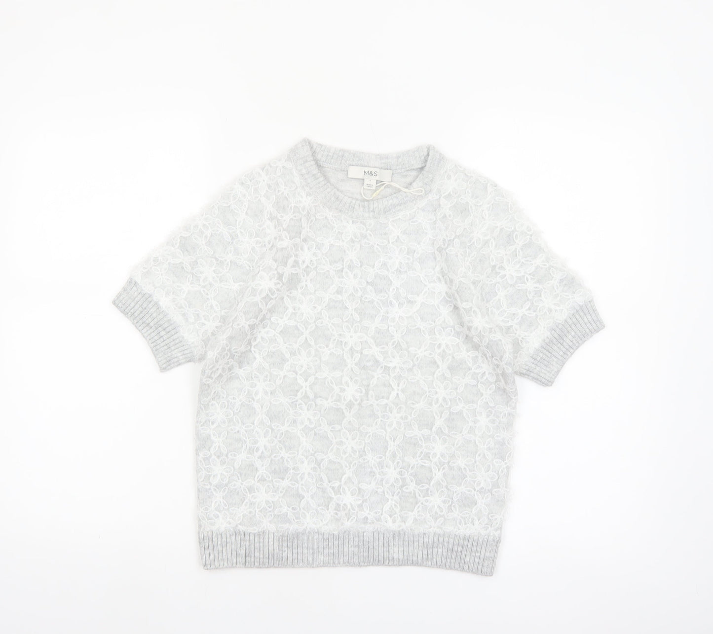 Marks and Spencer Women’s Grey Short Sleeve Floral Knit Jumper S