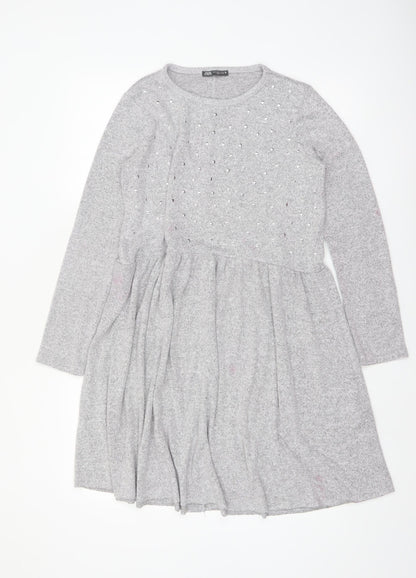 Zara Women Grey Long Sleeve Skater Dress Size M - Beaded Knit