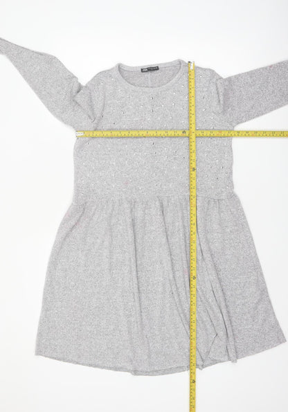 Zara Women Grey Long Sleeve Skater Dress Size M - Beaded Knit