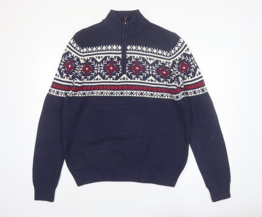 IZOD Men’s Blue Fair Isle 1/4 Zip Knit Jumper Size M