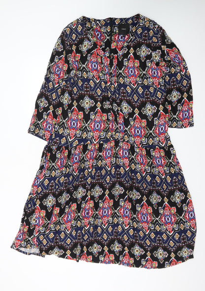Next Womens Black Multicoloured Viscose Bohemian Knee Length Dress Size 18