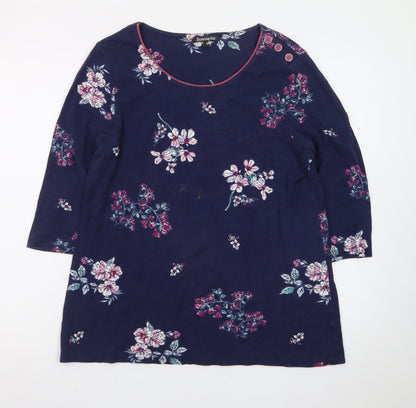 Bonmarché Women's Blue Floral Cotton 3/4 Sleeve T-Shirt Size 16