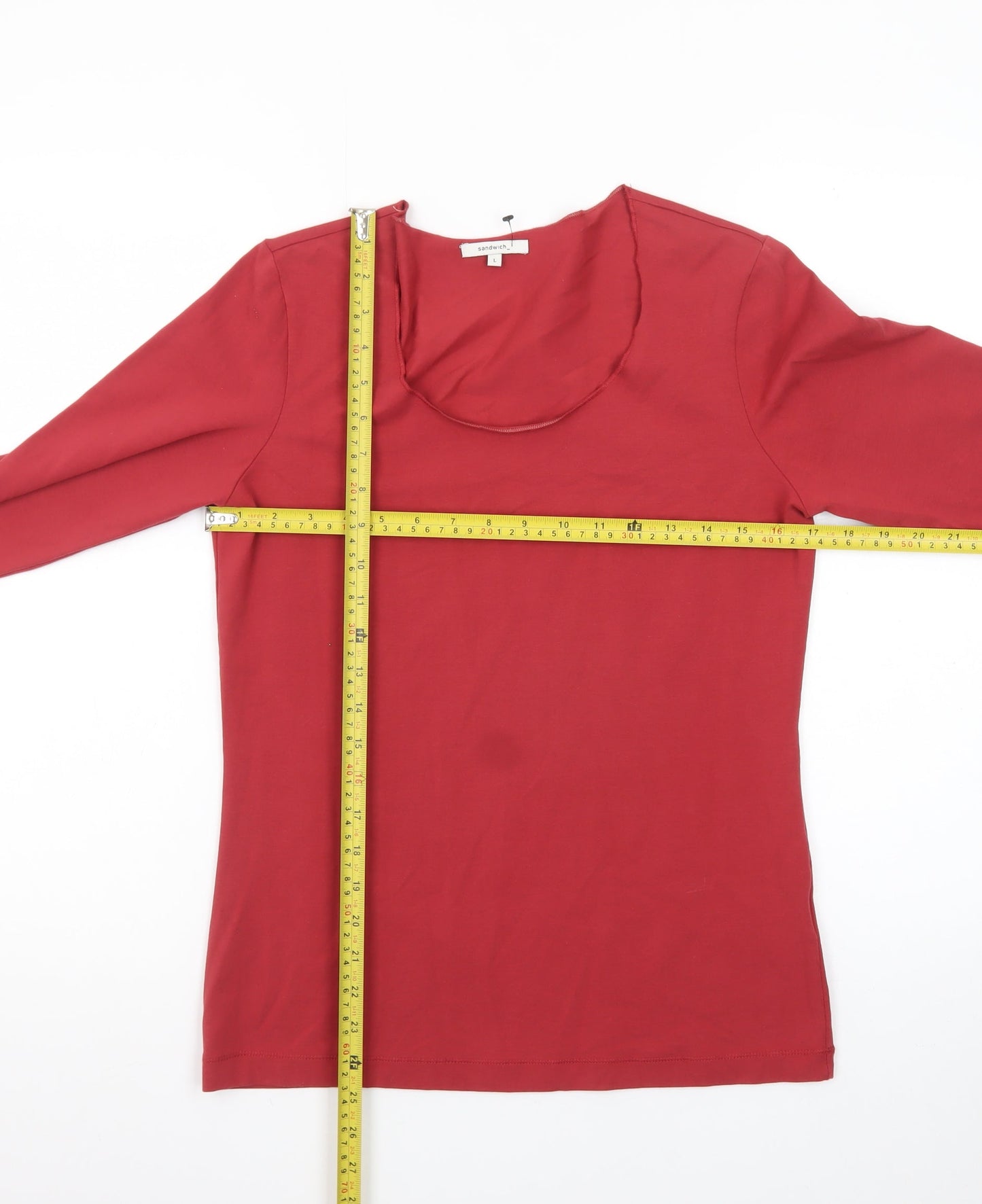 Sandwich Women Red Long Sleeve Scoop Neck Cotton T-Shirt L