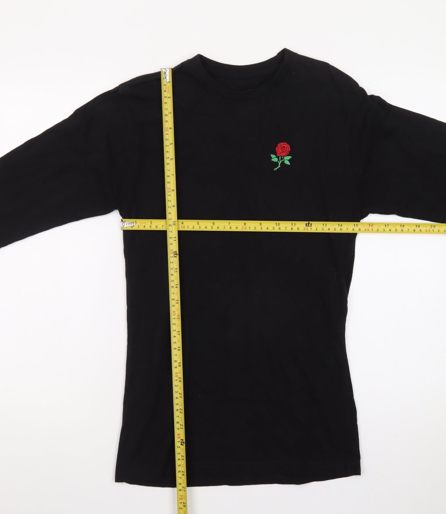 Eight Men's Black Long Sleeve Rose Embroidered Cotton T-Shirt Size S