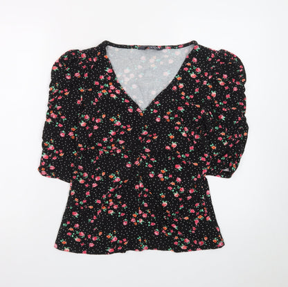 Sosandar Women’s Black Floral Wrap Blouse Size 14 Viscose 3/4 Sleeve