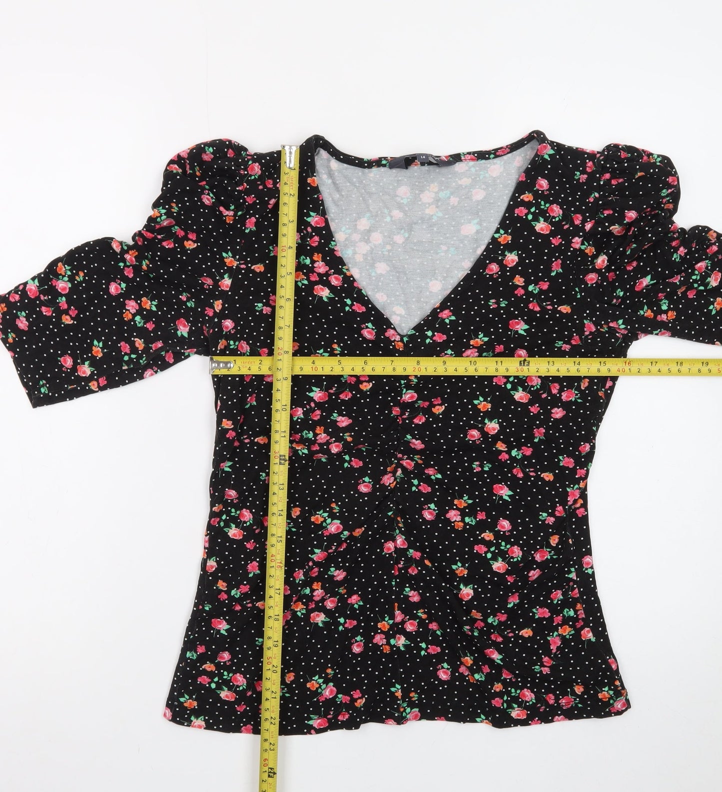 Sosandar Women’s Black Floral Wrap Blouse Size 14 Viscose 3/4 Sleeve