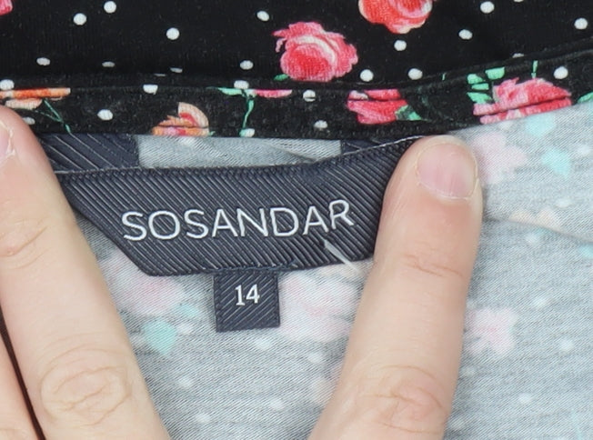 Sosandar Women’s Black Floral Wrap Blouse Size 14 Viscose 3/4 Sleeve