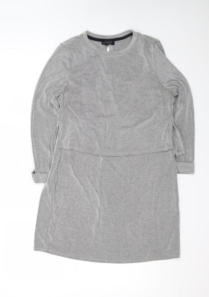 Topshop Women’s Grey Cotton Shift Dress Size 12 Long Sleeve