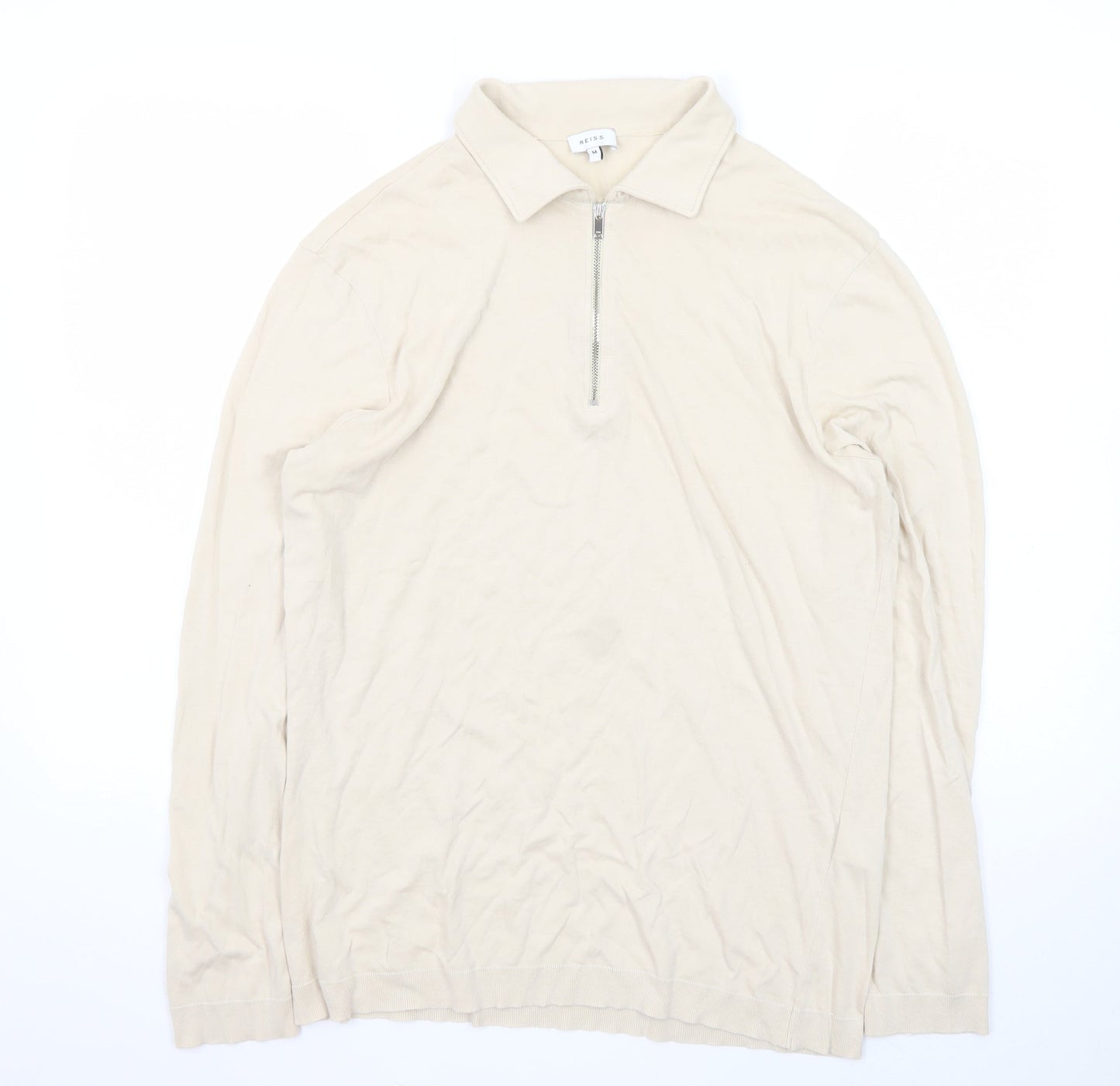 Reiss Men's Beige Long Sleeve 1/2 Zip Collared Cotton T-Shirt Size M