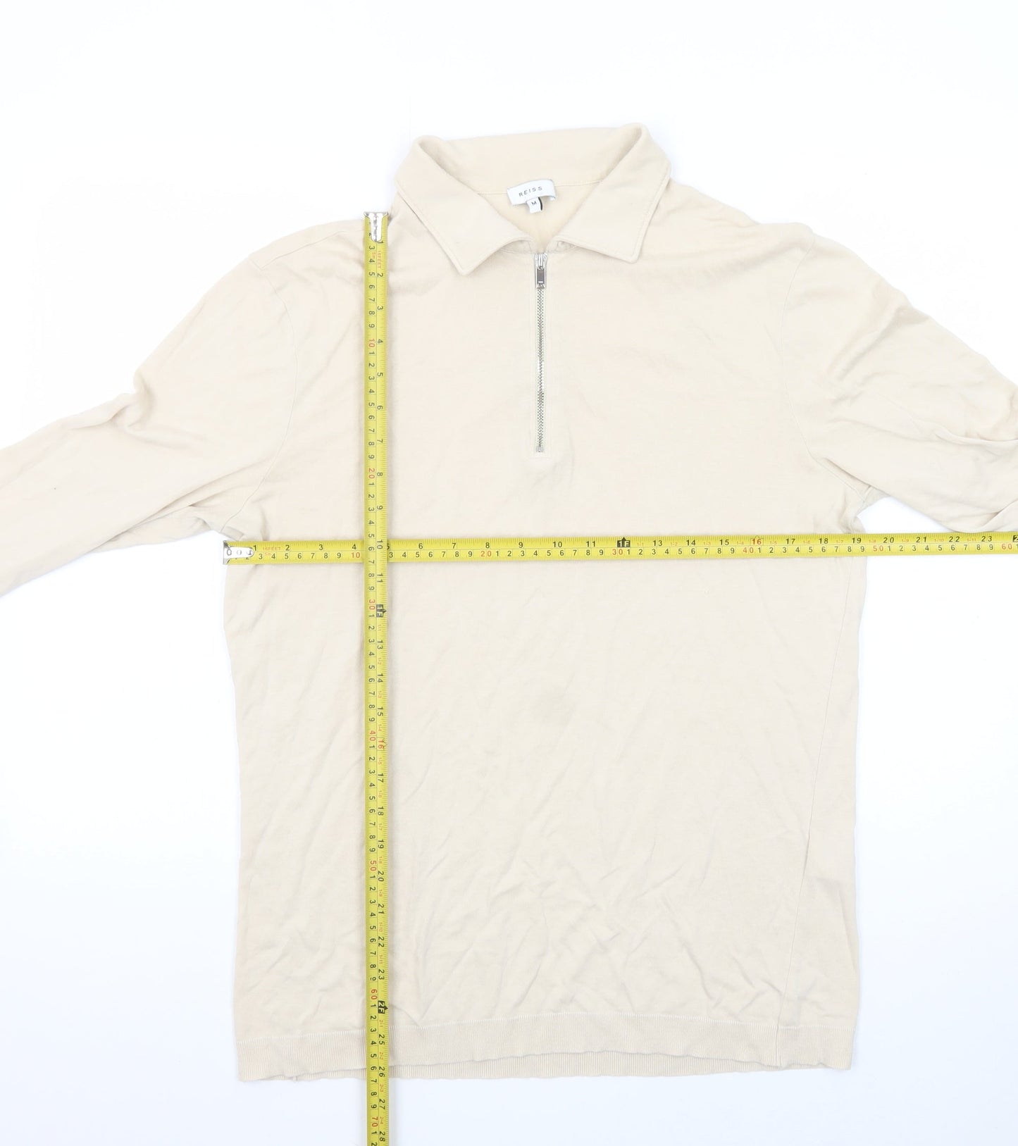Reiss Men's Beige Long Sleeve 1/2 Zip Collared Cotton T-Shirt Size M