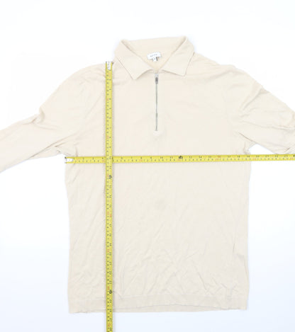 Reiss Men's Beige Long Sleeve 1/2 Zip Collared Cotton T-Shirt Size M