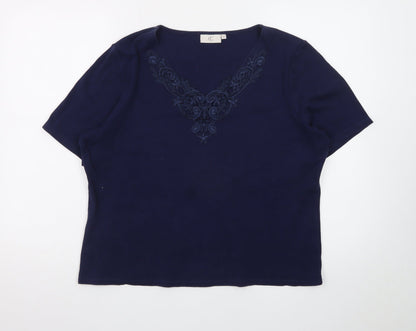 CC Women's Blue Embroidered V-Neck Short Sleeve Cotton T-Shirt XL