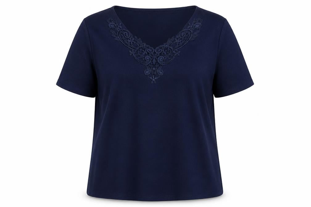 CC Women's Blue Embroidered V-Neck Short Sleeve Cotton T-Shirt XL