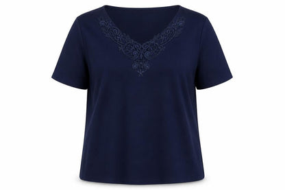 CC Women's Blue Embroidered V-Neck Short Sleeve Cotton T-Shirt XL
