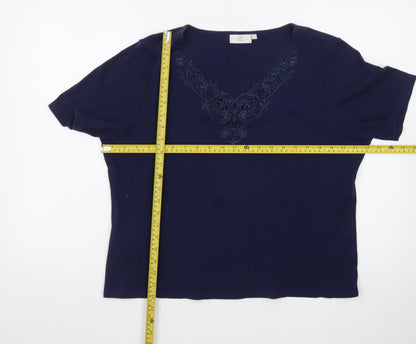 CC Women's Blue Embroidered V-Neck Short Sleeve Cotton T-Shirt XL