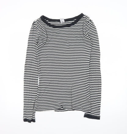 Zara Women Black White Striped Long Sleeve Basic T-Shirt L