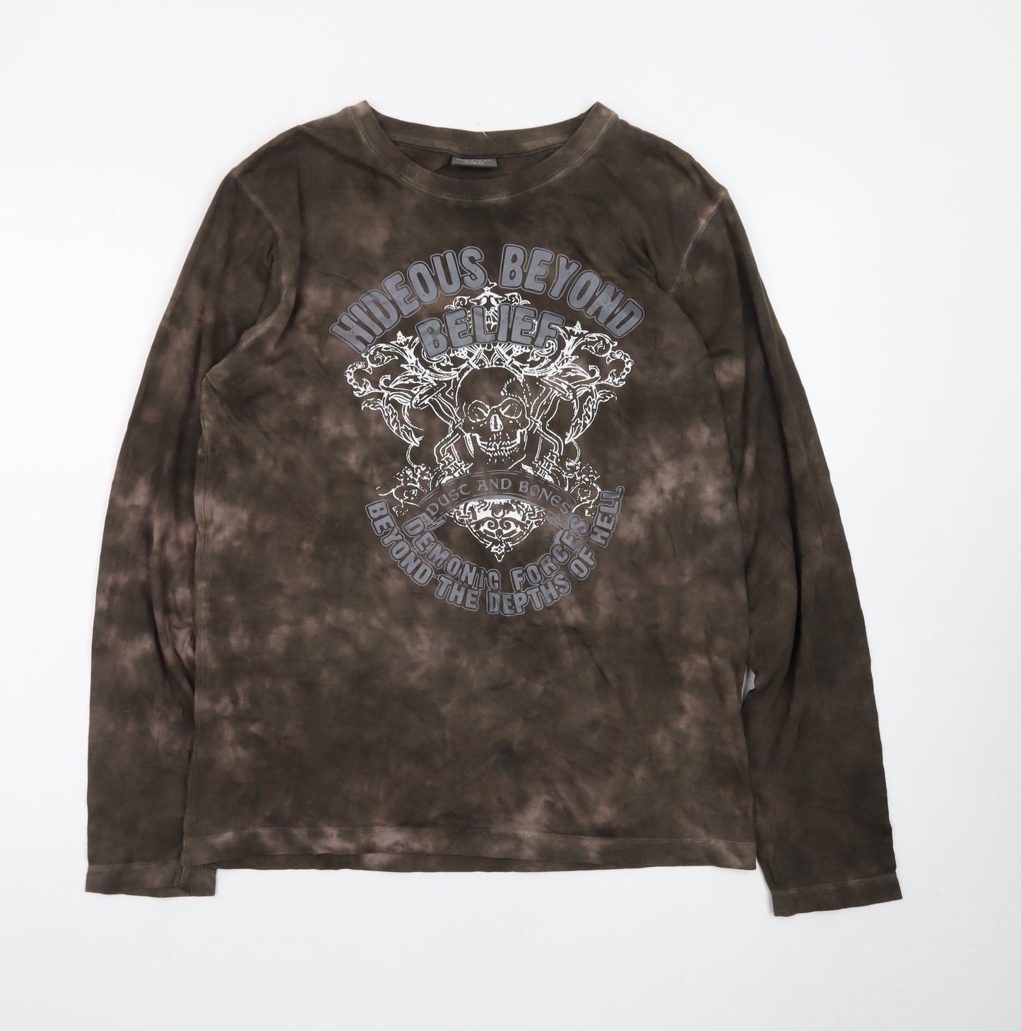Identic Mens Brown Tie-Dye Long Sleeve Skull Graphic T-Shirt M