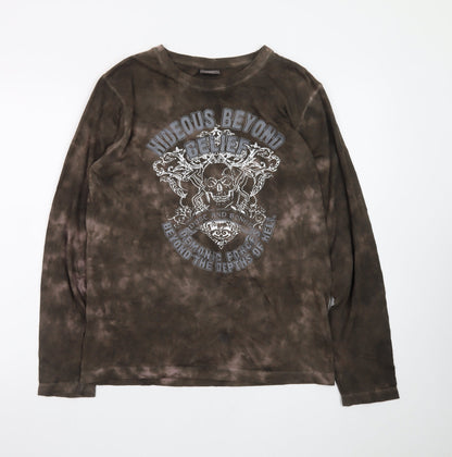 Identic Mens Brown Tie-Dye Long Sleeve Skull Graphic T-Shirt M