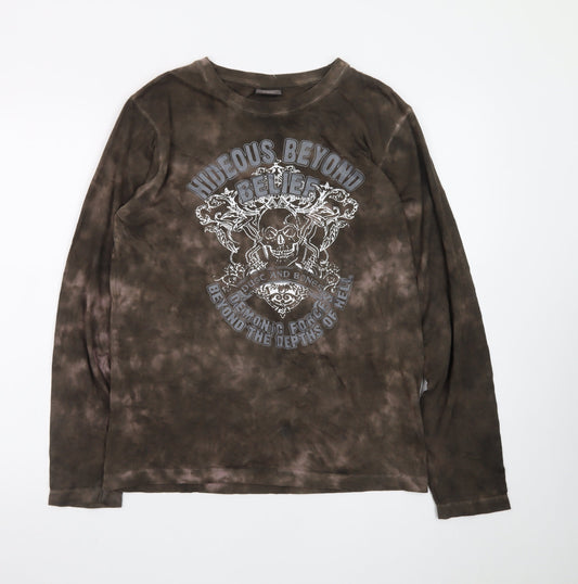 Identic Mens Brown Tie-Dye Long Sleeve Skull Graphic T-Shirt M