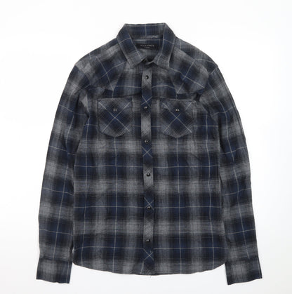 AllSaints Men's Blue Plaid Flannel Button-Up Shirt XS Slim Fit