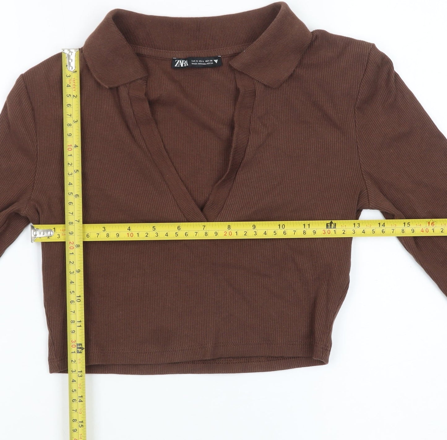 Zara Women Brown Cropped Collared Long Sleeve Top S