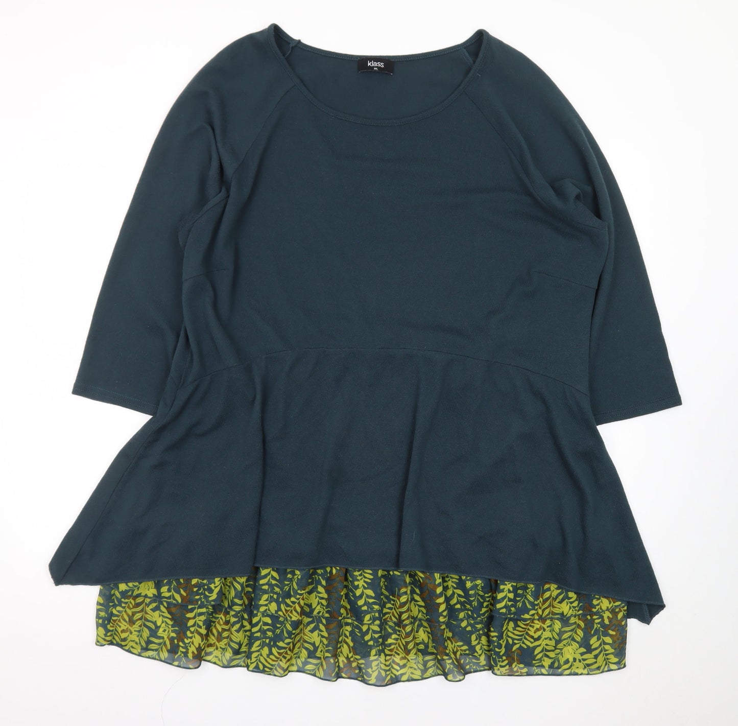 Klass Women Green Fit & Flare 2XL Dress 3/4 Sleeve Peplum Floral Hem