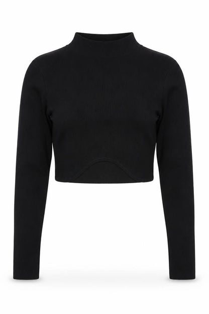PAPERMOON Women's Black Mock Neck Cropped Long Sleeve Top Size M