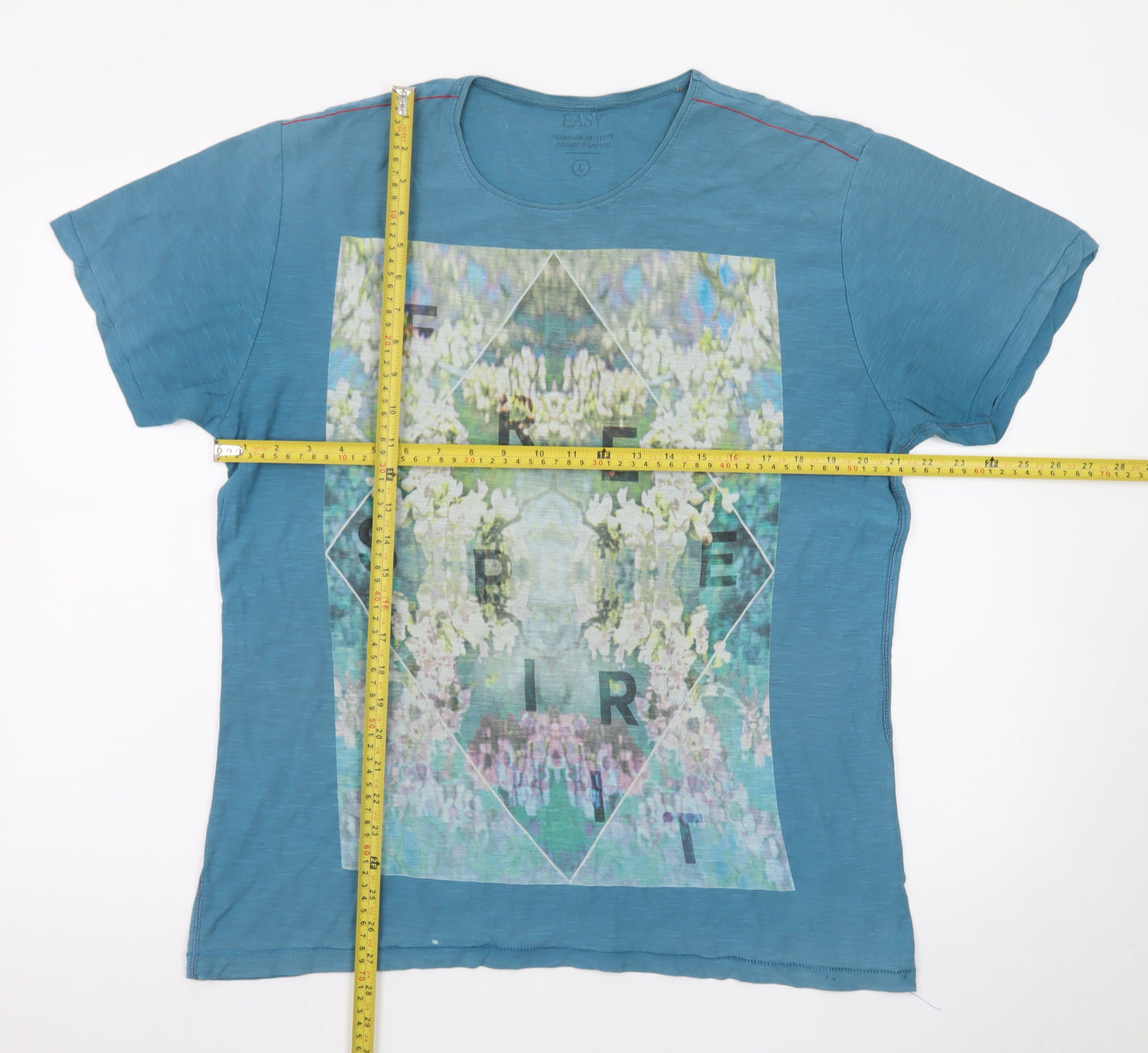 EASY Mens Blue Graphic Print Crew Neck Cotton T-Shirt L