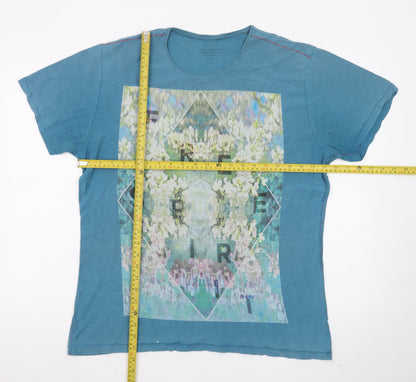 EASY Mens Blue Graphic Print Crew Neck Cotton T-Shirt L