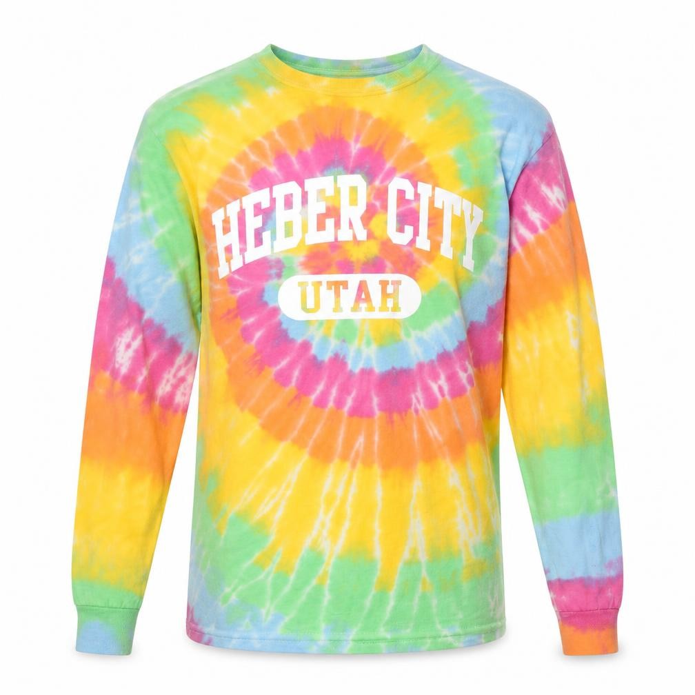 Gildan Men's Multicoloured Tie-Dye Long Sleeve Heber City Utah T-Shirt Size S