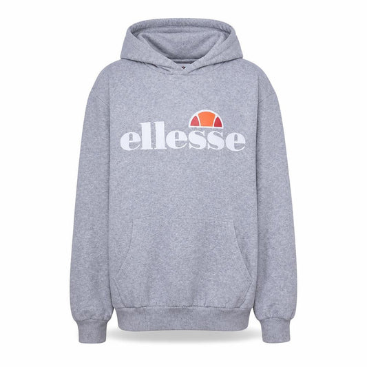 Front view of Ellesse women’s grey pullover hoodie, size UK 10, logo graphic sweatshirt