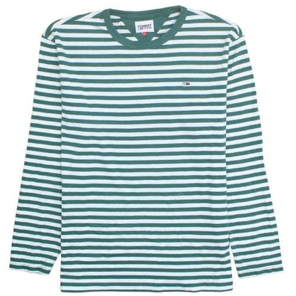 Tommy Jeans Men's Green White Striped Long Sleeve Cotton T-Shirt XL
